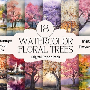 Watercolor Floral Trees Digital Paper Set Junk Journal Printable Paper Digital Scrapbooking Flower Papers Pack Jacaranda Tree Graphics
