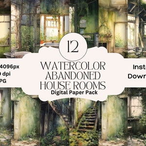 Papel digital con acuarela para habitaciones de casas abandonadas, diario basura espeluznante, álbum de recortes digital imprimible, paquete de papeles aterradores, gráficos de Halloween