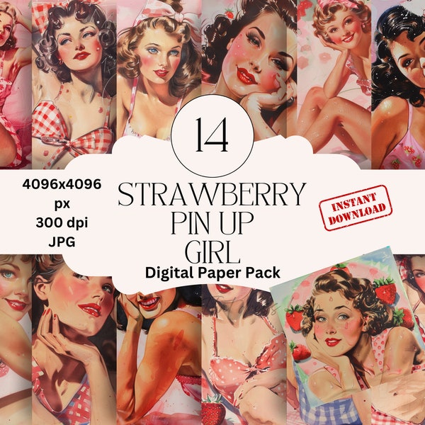 Strawberry Pin Up Girls Digital Paper Set Junk Journal Paper Retro Diner Printable Retro Pin Up Graphic Digital Scrapbooking 1950s Women