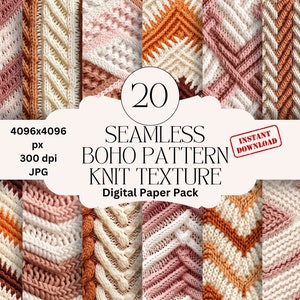 Könnte beinhalten: Ein digitales Papierpaket mit 20 nahtlosen Boho-Strickmustern in verschiedenen Rosatönen, Orange und Weiß. Die Muster sind im Chevron-Design gehalten und haben eine Stricktextur. Der Text "20 Seamless Boho Pattern Knit Texture Digital Paper Pack" ist auf dem Bild zu sehen.