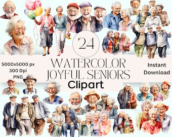 Joyful Seniors Clipart Bundle: Watercolor Elderly Graphics (PNG Download) Grandparent Clipart