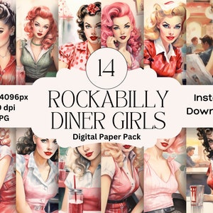 Può includere: Un pacchetto di carta digitale con 14 immagini di donne in abiti da cameriera anni '50. Le immagini sono in formato collage con il testo "14 Rockabilly Diner Girls Digital Paper Pack" e "Download immediato".