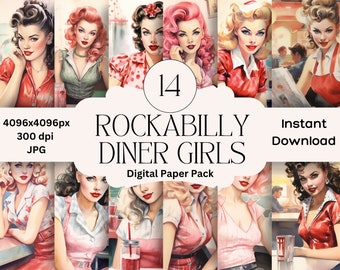 Rockabilly Pin Up Girls Digital Paper Set Junk Journal Paper Retro Diner Printable Pin Up Graphic Digital Scrapbooking 1950s Women Classic