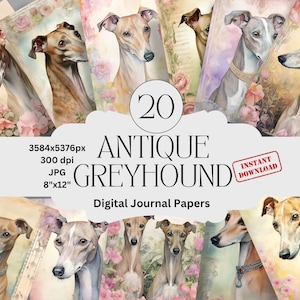 Antiker Windhund Digital Journal Papier Set Junk Journal Papier Druckbare Digitale Papiere Hund Scrapbooking Vintage Herunterladbare Journal Papiere