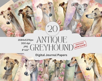 Papel para Diário com Galgo Antigo: Álbum de Recortes Vintage de Cães (Download Digital) Papéis para Retratos de Animais de Estimação