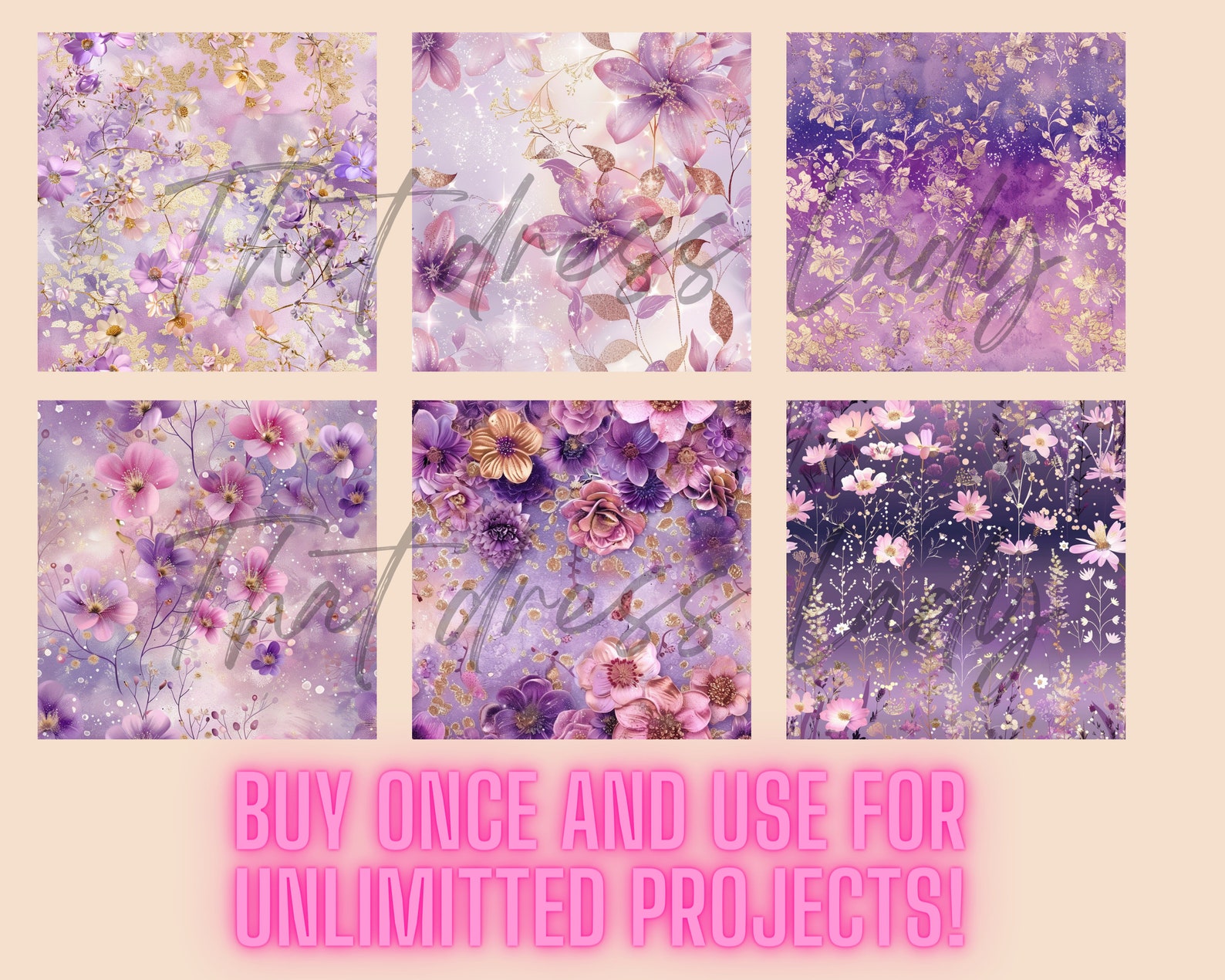 Seamless Purple Gold Floral Digital Paper Set Spring Flowers Junk ...