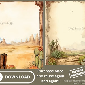 Pode incluir: Um download digital imprim&iacute;vel de dois pap&eacute;is imprim&iacute;veis de estilo vintage com uma paisagem des&eacute;rtica de aquarela com cactos e um caminho de pedra. Os pap&eacute;is t&ecirc;m uma moldura marrom e o texto "That dress lady" &eacute; vis&iacute;vel no canto superior direito de cada papel.