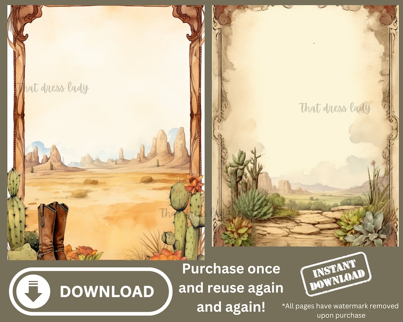 Pode incluir: Um download digital imprim&iacute;vel de dois pap&eacute;is imprim&iacute;veis de estilo vintage com uma paisagem des&eacute;rtica de aquarela com cactos e um caminho de pedra. Os pap&eacute;is t&ecirc;m uma moldura marrom e o texto "That dress lady" &eacute; vis&iacute;vel no canto superior direito de cada papel.