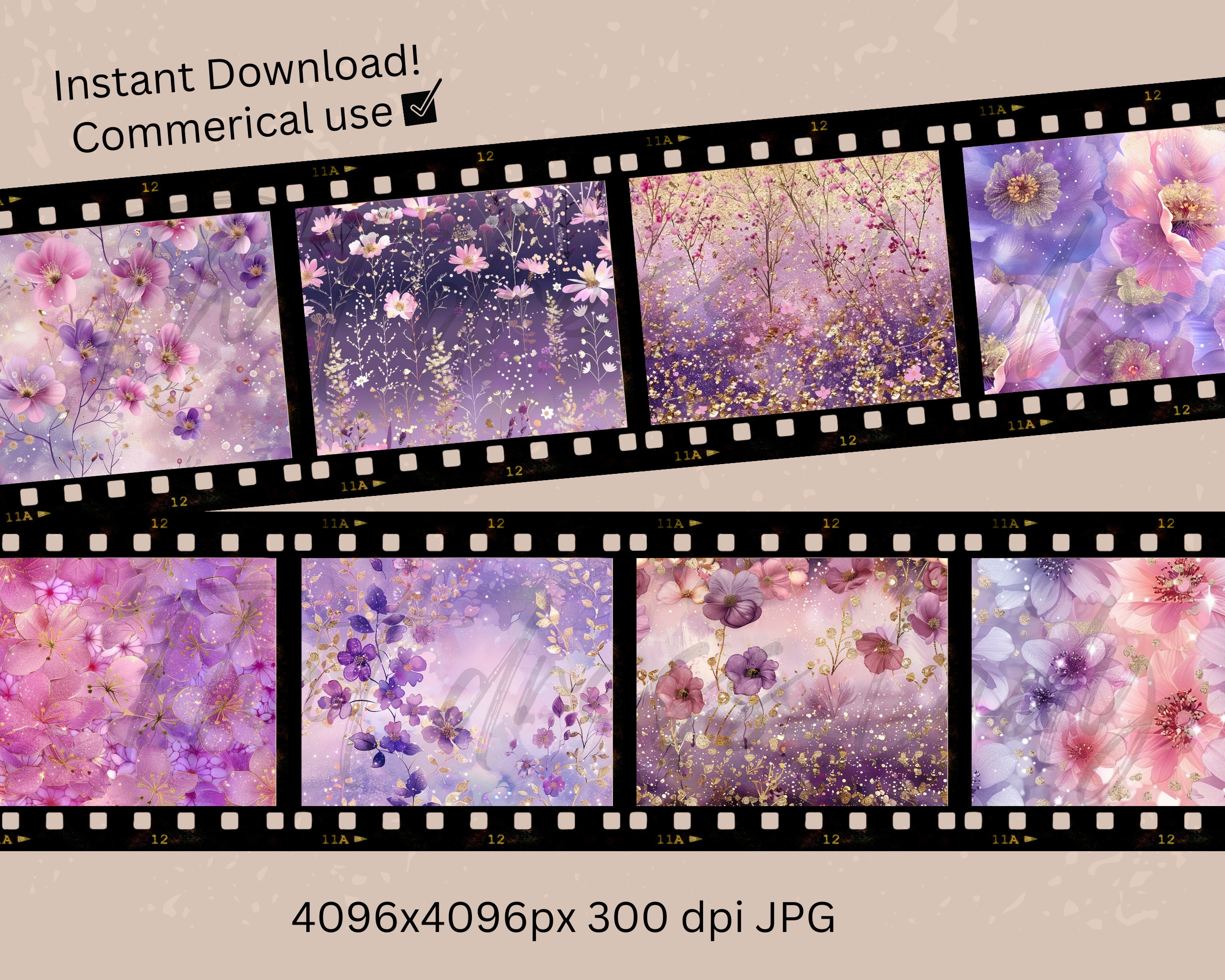 Seamless Purple Gold Floral Digital Paper Set Spring Flowers Junk ...