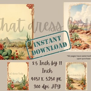 Pode incluir: Tr&ecirc;s pap&eacute;is digitais imprim&iacute;veis com uma paisagem des&eacute;rtica com cactos e montanhas. Os pap&eacute;is medem 8,5 polegadas por 11 polegadas e 300 dpi. O texto "That dress lady" &eacute; vis&iacute;vel nos pap&eacute;is.
