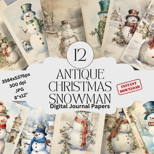 Antique Christmas Snowman Digital Journal Paper Set Junk Journal Paper Printable Digital Paper Xmas Scrapbooking Pack Vintage Journal Page