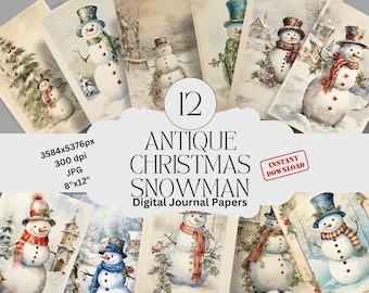 Conjunto de Papel Digital para Diário com Boneco de Neve Natalino Antigo, Papel para Diário de Arte, Papel Digital Imprimível, Pacote de Scrapbooking Natalino, Páginas Vintage para Diário