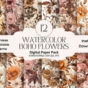 Conjunto de papel digital de flores boho aquarela, papel de diário de lixo, papéis digitais para impressão, pacote de scrapbooking floral, padrões repetíveis sem costura