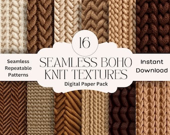 Knit Texture Digital Paper Set Junk Journal Knit Paper Printable Digital Papers Scrapbooking Boho Brown Seamless Pattern Repeatable Paper