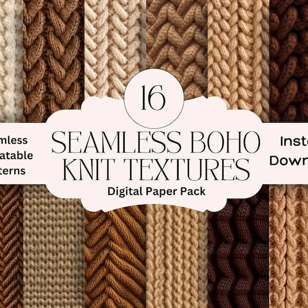 Knit Texture Digital Paper Set Junk Journal Knit Paper Printable Digital Papers Scrapbooking Boho Brown Seamless Pattern Repeatable Paper