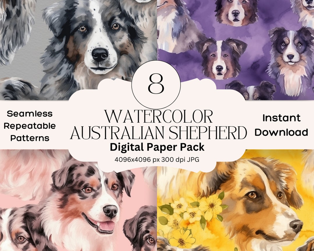 Watercolor Australian Shepherd Digital Papers Junk Journal Dog ...
