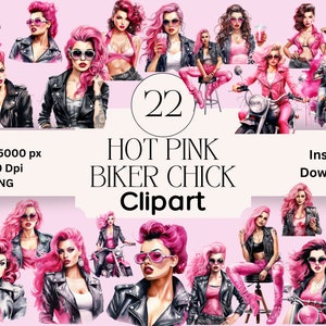 Hot Pink Biker Chick Clipart Bundle: Scrapbooking Graphics (PNG Instant Download)