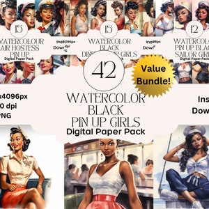 Conjunto de papel digital Pin Up Black Girls, papel de diário de lixo, papel retrô, marinheiro, para impressão, rockabilly, gráfico Pin Up, scrapbooking digital, anos 1950, mulheres