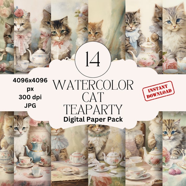 Cat Tea Party Digital Paper Set Junk Journal Printable Digital Scrapbooking Cat Papers Pack Kitten Graphics Cat Papers Watercolor Cat Print