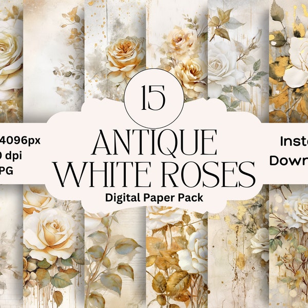 White Gold Digital Paper Set Junk Journal Printable Digital Scrapbooking Antique Papers Pack White Rose Graphics Gold Distressed Paper