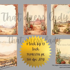 Pode incluir: Conjunto de quatro imagens digitais imprim&iacute;veis com ilustra&ccedil;&otilde;es vintage de paisagens des&eacute;rticas com cactos e montanhas. Cada imagem mede 20,32 cm por 30,48 cm e 300 dpi.