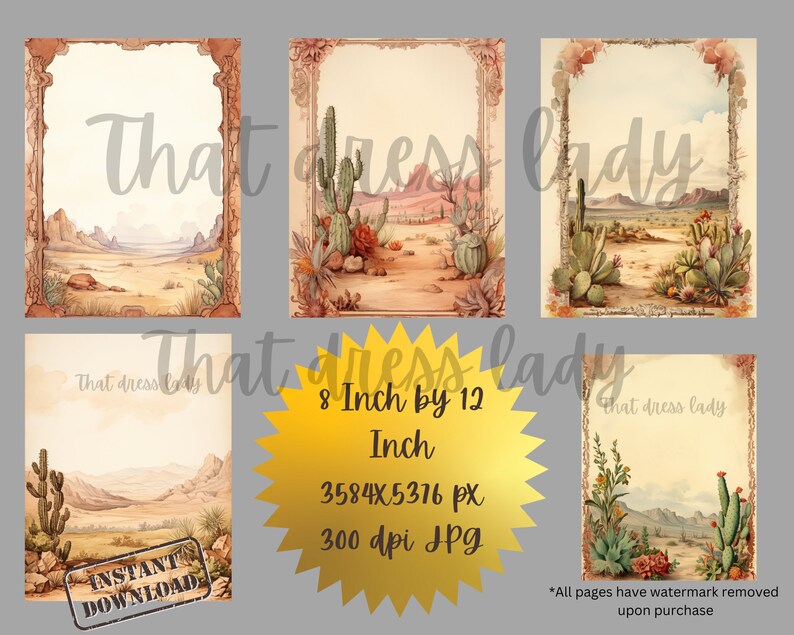 Pode incluir: Conjunto de quatro imagens digitais imprim&iacute;veis com ilustra&ccedil;&otilde;es vintage de paisagens des&eacute;rticas com cactos e montanhas. Cada imagem mede 20,32 cm por 30,48 cm e 300 dpi.