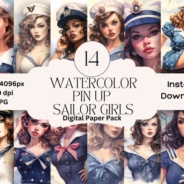 Navy Sailor Pin Up Girls Digital Paper Set Junk Journal Paper Retro Nautical Printable Pin Up Graphic Digital Scrapbooking 1950s Women