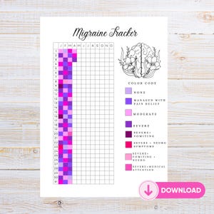 Op de afbeelding: Een afdrukbare migraine tracker met een raster voor het volgen van symptomen. De titel "Migraine Tracker" staat bovenaan. Een kleurcode geeft de ernst van de symptomen aan, variërend van "geen" tot "ernstige medische aandacht". Er is een "Download" knop onderaan.