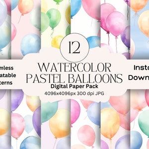 Aquarell Pastell Luftballons Digitales Papier Set, Junk Journal Papier, druckbare digitale Papiere, Scrapbooking Pack, nahtlose, wiederholbare Muster