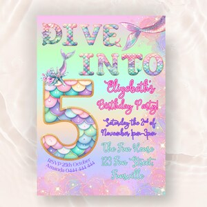 May include: A mermaid-themed birthday party invitation with a colorful, glittery background. The invitation features the text "Dive into Elizabeth's Birthday Party!" with a mermaid tail and the number 5 decorated with mermaid scales. The invitation also includes the date, time, and location of the party.