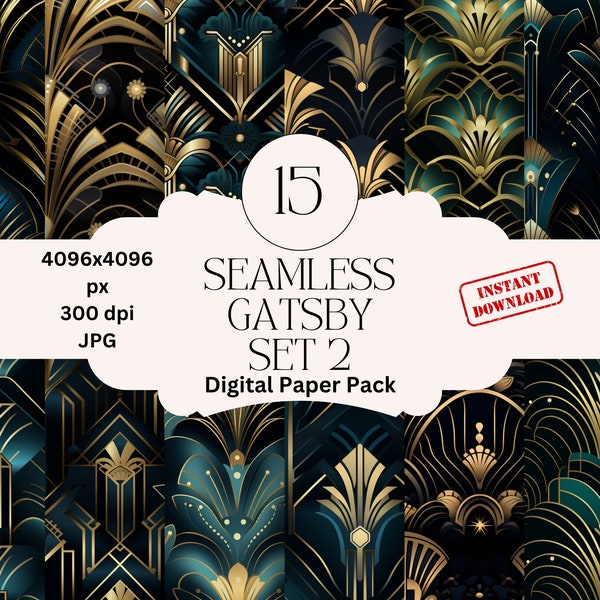 Gatsby Glam Digital Paper Set Junk Journal Paper Printable Digital Papers Scrapbooking Pack Gatsby Seamless Repeatable Patterns Black Green