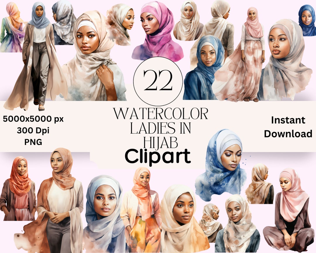 Watercolor Hijab Clipart Graphics Bundle PNG Instant Download