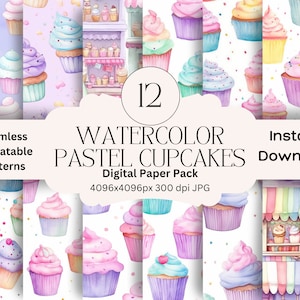 Aquarell Pastell Cupcake Digitales Papier Set Junk Journal Papier Printable Cupcake Scrapbook Papier Scrapbooking Nahtlos wiederholbare Muster