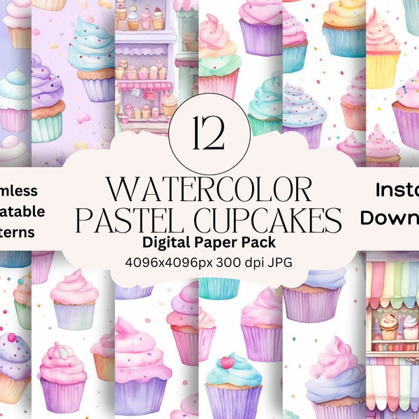 Watercolor Pastel Cupcake Digital Paper Set Junk Journal Paper Printable Cupcake Scrapbook Paper Scrapbooking Seamless Repeatable Patterns