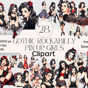 Rockabilly Gothic Pin Up Clipart Graphics Bundle PNG Download Scrapbooking Pin Up Junk Journal Clipart Retro Scrapbook Rockabilly Clip Art