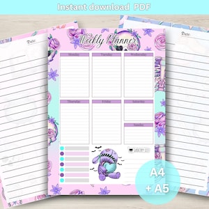 May include: A printable weekly planner with a cute skull and floral design. The planner includes sections for each day of the week, a grocery list, and a notes section. The planner is available in A4 and A5 sizes.