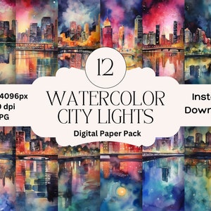 Watercolor City Lights Digital Paper Set: Scrapbook Graphics (Digital Download)