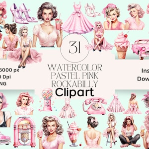 Pacchetto di grafica clipart di pin up rockabilly rosa PNG Download immediato Scrapbooking Pin Up Junk Journal Retro Scrapbook Rockabilly Clip Art