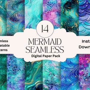 Mermaid Seamless Digital Paper Set Junk Journal Paper Mermaid Printable Digital Papers Mermaid Scrapbook Paper Mermaid Seamless Pattern