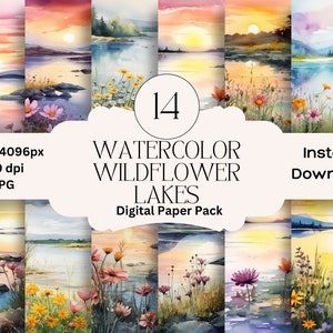 Ensemble de papier numérique aquarelle lacs de fleurs sauvages, Journal indésirable, papier imprimable Scrapbooking numérique, paquet de papiers de fleurs, graphique de paysage floral
