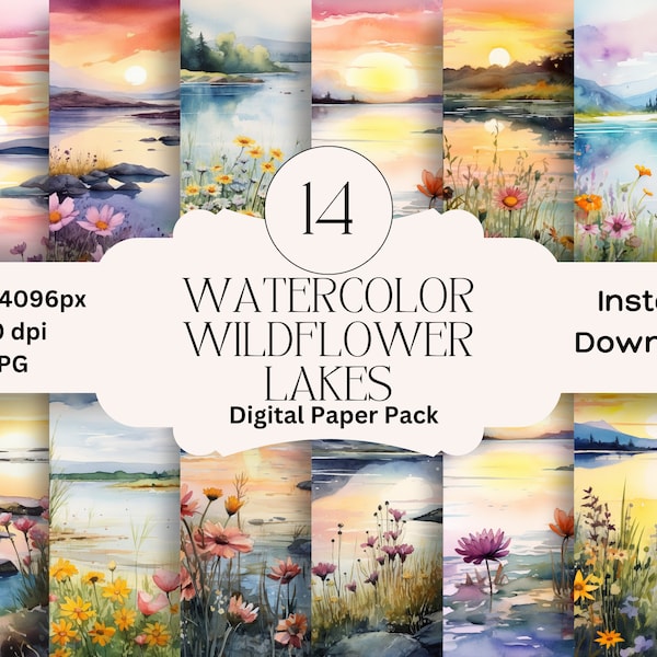 Watercolor Wildflower Lakes Digital Paper Set Junk Journal Printable Paper Digital Scrapbooking Flower Papers Pack Floral Landscape Graphics