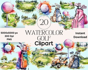 May include: A set of 20 watercolor golf clipart images. The images include golf balls, golf bags, golf carts, and golf courses. The images are perfect for creating invitations, cards, and other projects.