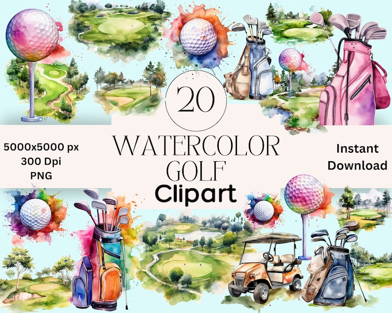 May include: A set of 20 watercolor golf clipart images. The images include golf balls, golf bags, golf carts, and golf courses. The images are perfect for creating invitations, cards, and other projects.