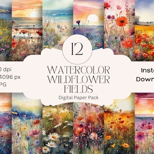 Conjunto de papel digital de flores silvestres em aquarela, papel de diário de flores da primavera, prado de primavera para impressão, praia, pacote de scrapbooking digital