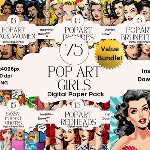 Mega Pop Art Mädchen Digitales Papier Set Junk Journal Papier Schimpfwort druckbare Pin Up Grafik digitales Sammelalbum Popart Instagram Retro Frauen