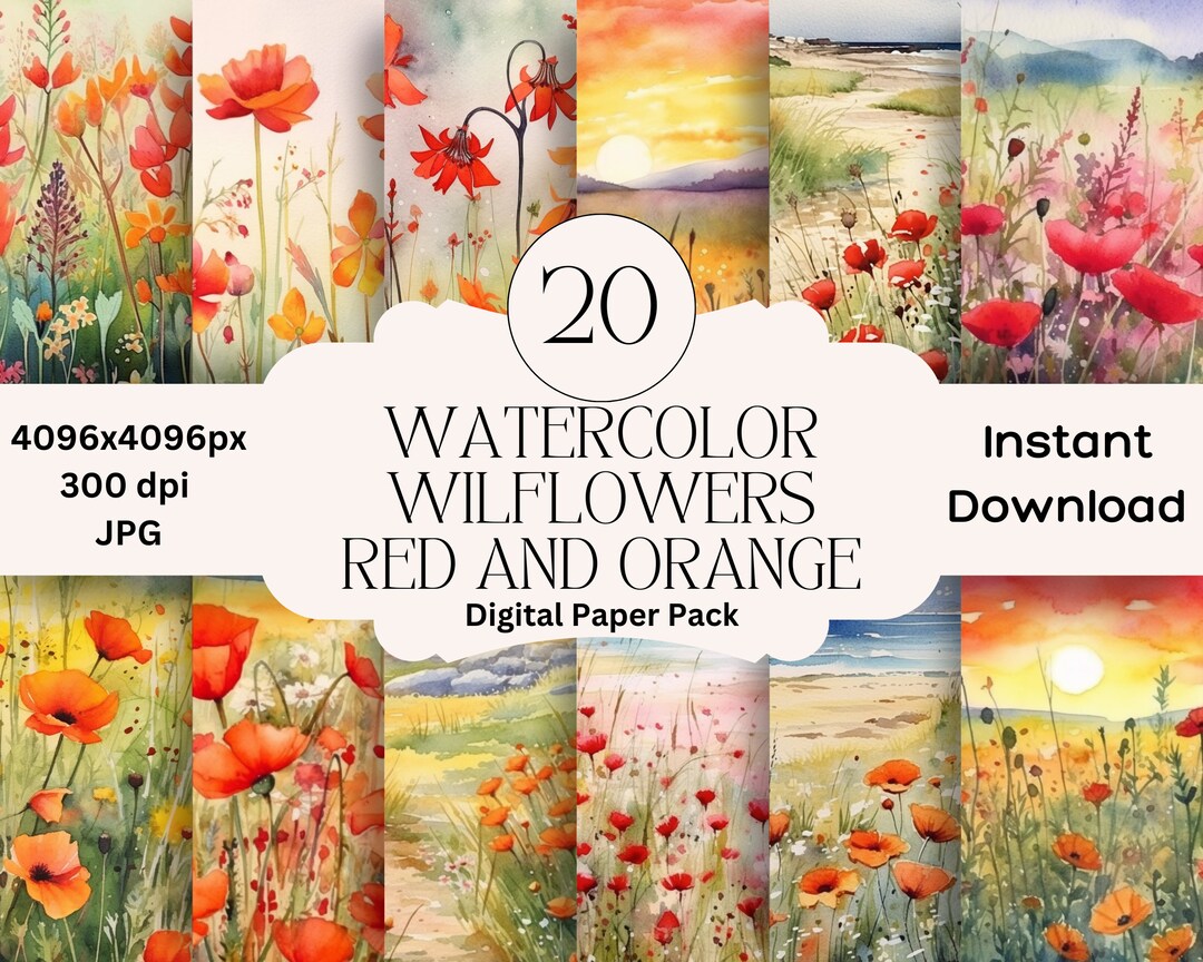 Red Watercolor Wildflowers Digital Paper Set, Spring Flowers Junk ...