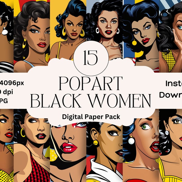 Pop Art Black Women Digital Paper Set Junk Journal Paper Black Lady Printable Pop Art Graphic Digital Scrapbook Popart Instagram Retro Women