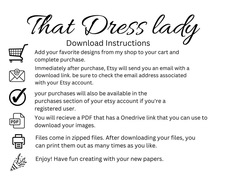 Pode incluir: Instru&ccedil;&otilde;es de download para produtos digitais comprados no Etsy. As instru&ccedil;&otilde;es incluem informa&ccedil;&otilde;es sobre como acessar os arquivos ap&oacute;s a compra, como baixar os arquivos e como imprimir os arquivos. As instru&ccedil;&otilde;es tamb&eacute;m incluem um lembrete para verificar o endere&ccedil;o de e-mail associado &agrave; conta do Etsy.