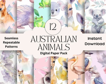Watercolor Australian Animal Digital Paper Set Junk Journal Paper Printable Digital Paper Scrapbooking Floral Pack Seamless Animal Pattern