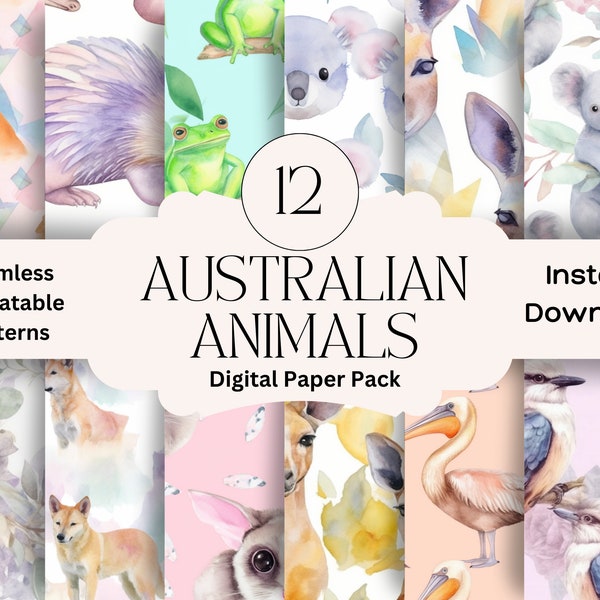 Watercolor Australian Animal Digital Paper Set Junk Journal Paper Printable Digital Paper Scrapbooking Floral Pack Seamless Animal Pattern